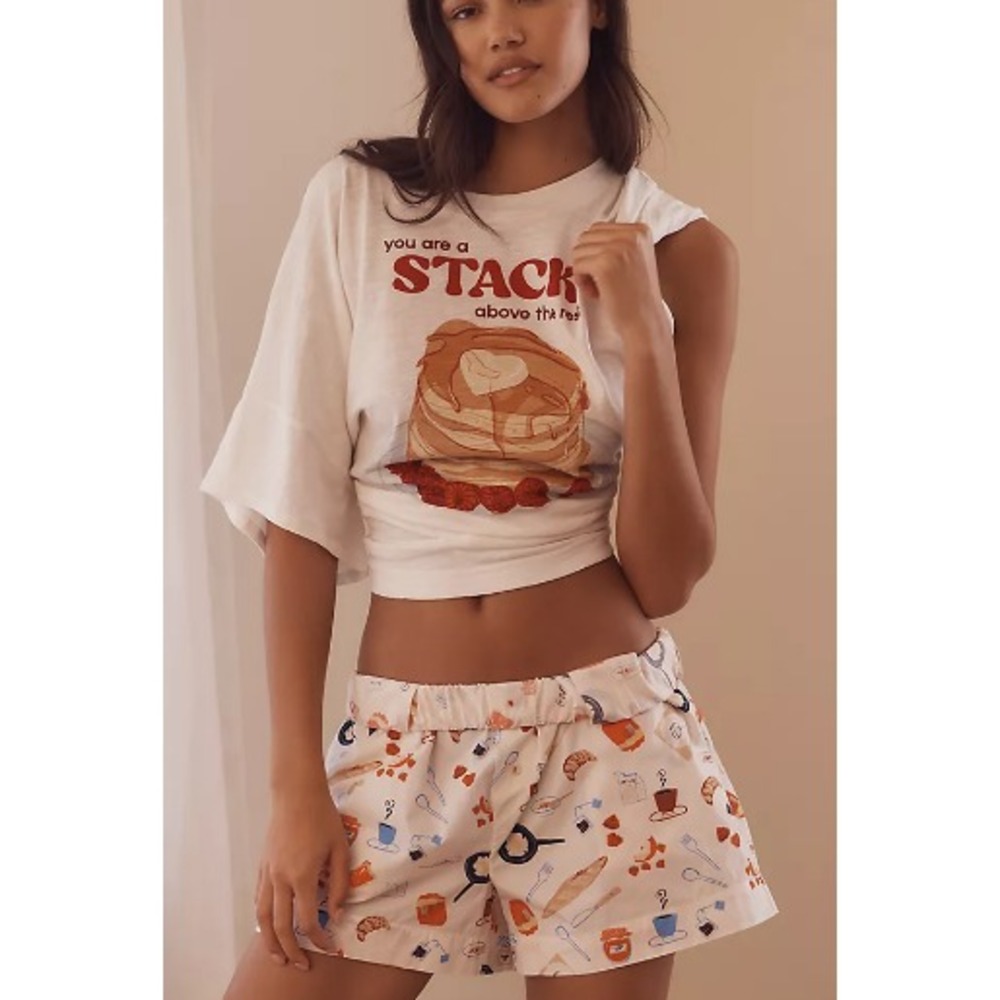 Anthropologie Anna Victoriart Stack Pancake Graphic T Shirt Top XS White Graphic